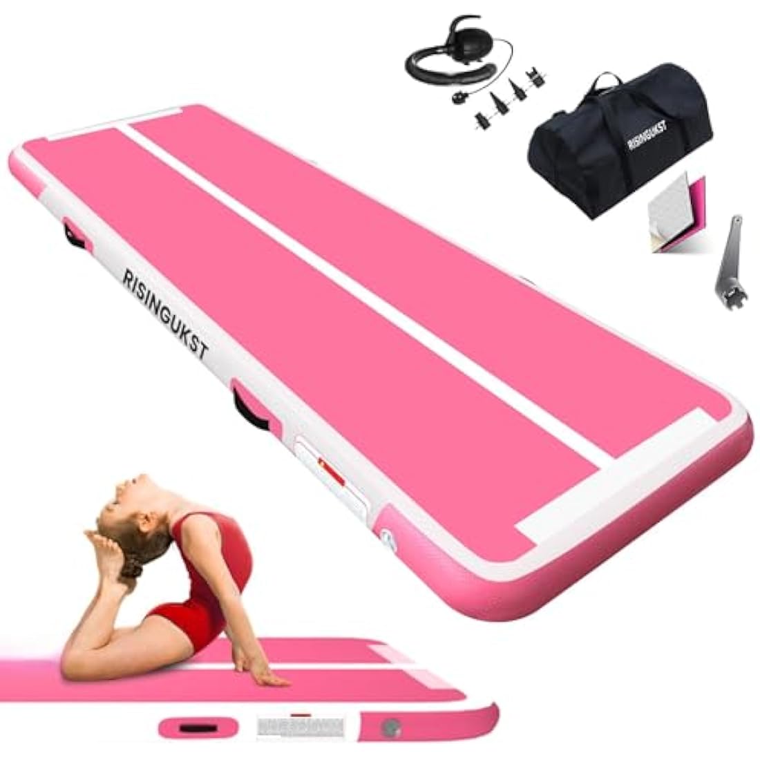 RISINGUKST Air Gymnastics Track Tumbling Mat Inflatable, 6.6ft 10ft 13ft 16ft 20ft Training Mats 4/8 Inch Thickness, Air Roller Air Barrel