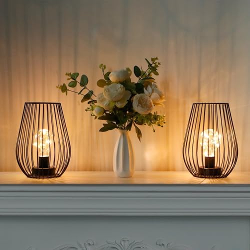 TRIROCKS Metal Cordless Table Lamp 20cm Tall Set of 2 Cage Shape Battery Operated Lanterns with Fairy Lights Bulb for Indoor/Outdoor Use Perfect for Christmas Garden Weddings Events (Black)