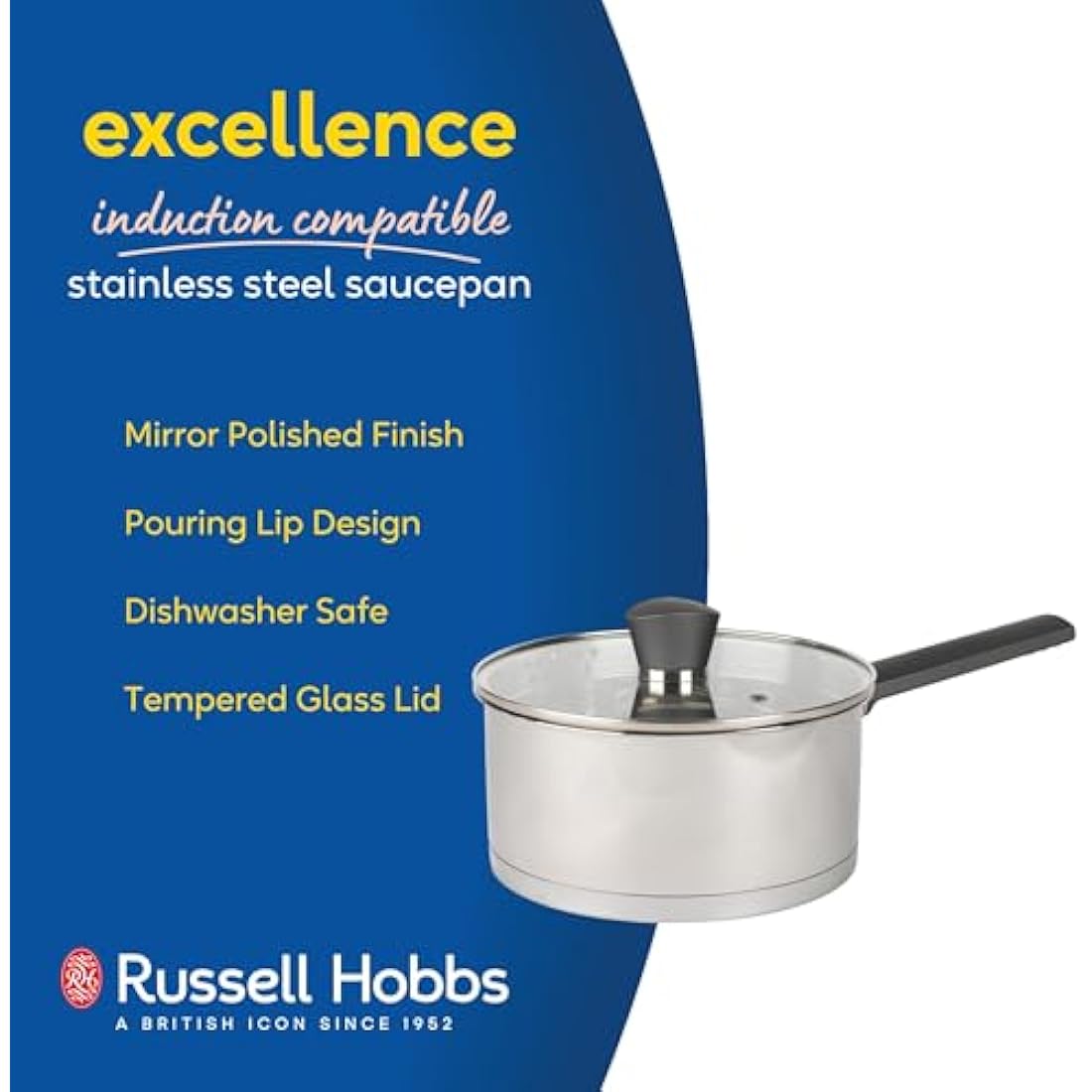 Russell Hobbs RH01164EU7 20 cm Saucepan with Lid, Induction Pan with Pouring Lip, Stainless Steel Milk Pan, Mirror Polished Soup Pan, Gas and Electric Hobs, Safe, Excellence Collection