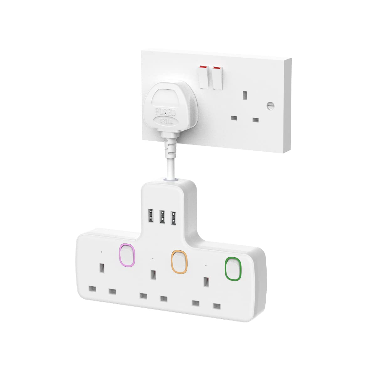 Multi Plug Extension 3 Way 3 USB with Flexible Plug, Mscien Individual Switched Socket Extension Adapter, Plug Extension Adapter
