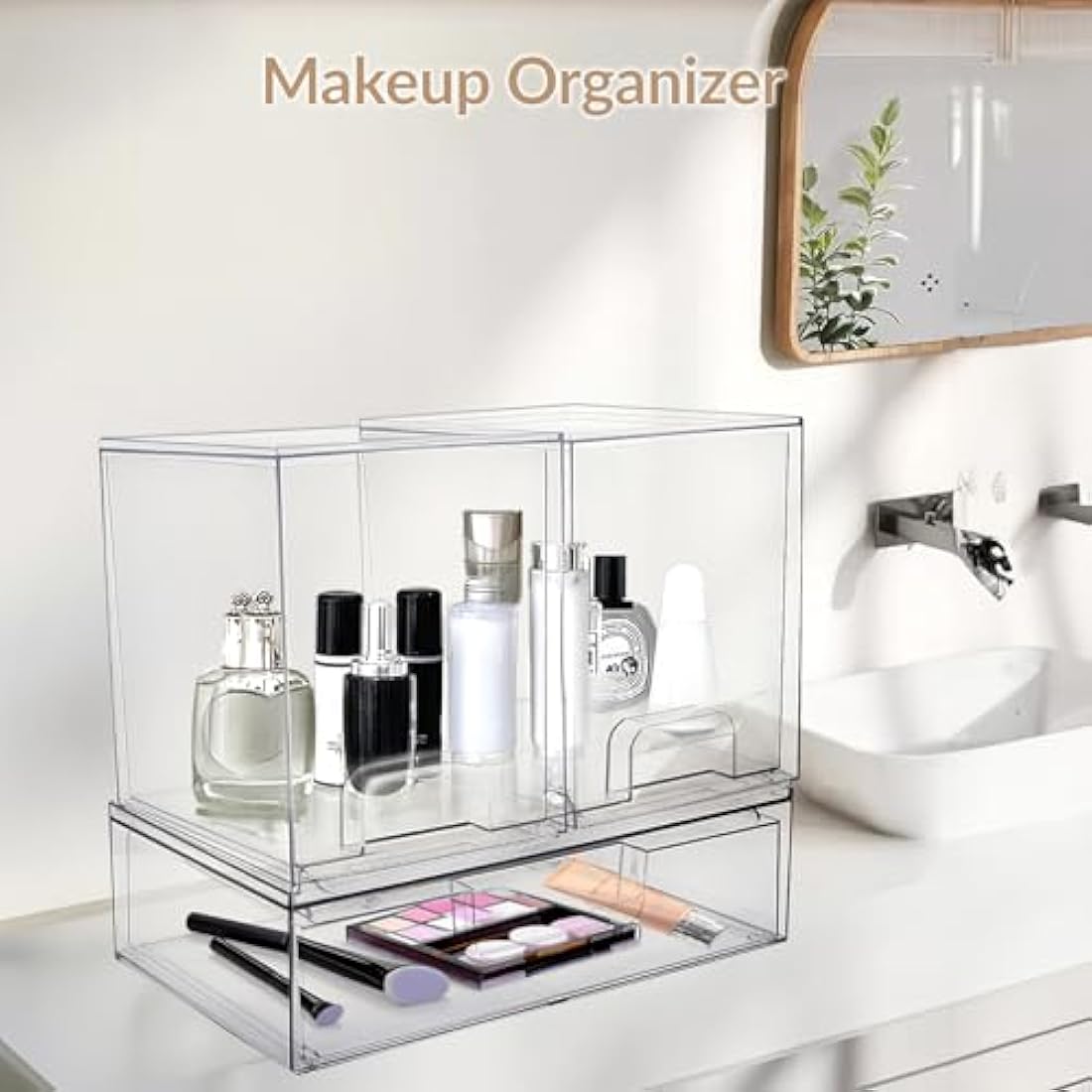 Large Stackable Storage Drawers, Clear Plastic Makeup Organiser with Pull-Out Drawer for Under Sink, Pantry, Bathroom, Kitchen and Office