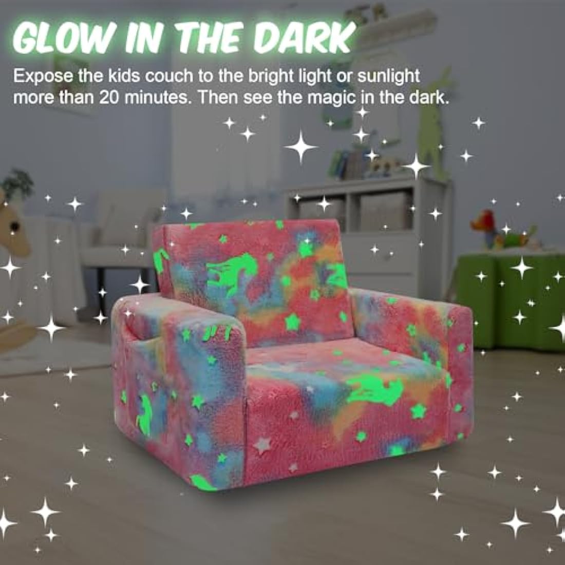 SLIGUY Toddler Couch, Kids Convertible Sofa to Lounger Pull Out Couch, Glow in the Dark Sofa Chair Gifts for Boys and Girls (Pink Unicorn)