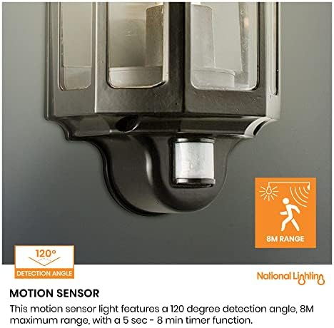National Lighting Black Outdoor Security Lights - PIR External Wall Light - Motion Sensor Presence Detector Half Lantern Garden Porch Wall Lamp - IP44 Rated 60W GLS ES or LED E27 (Not Included)