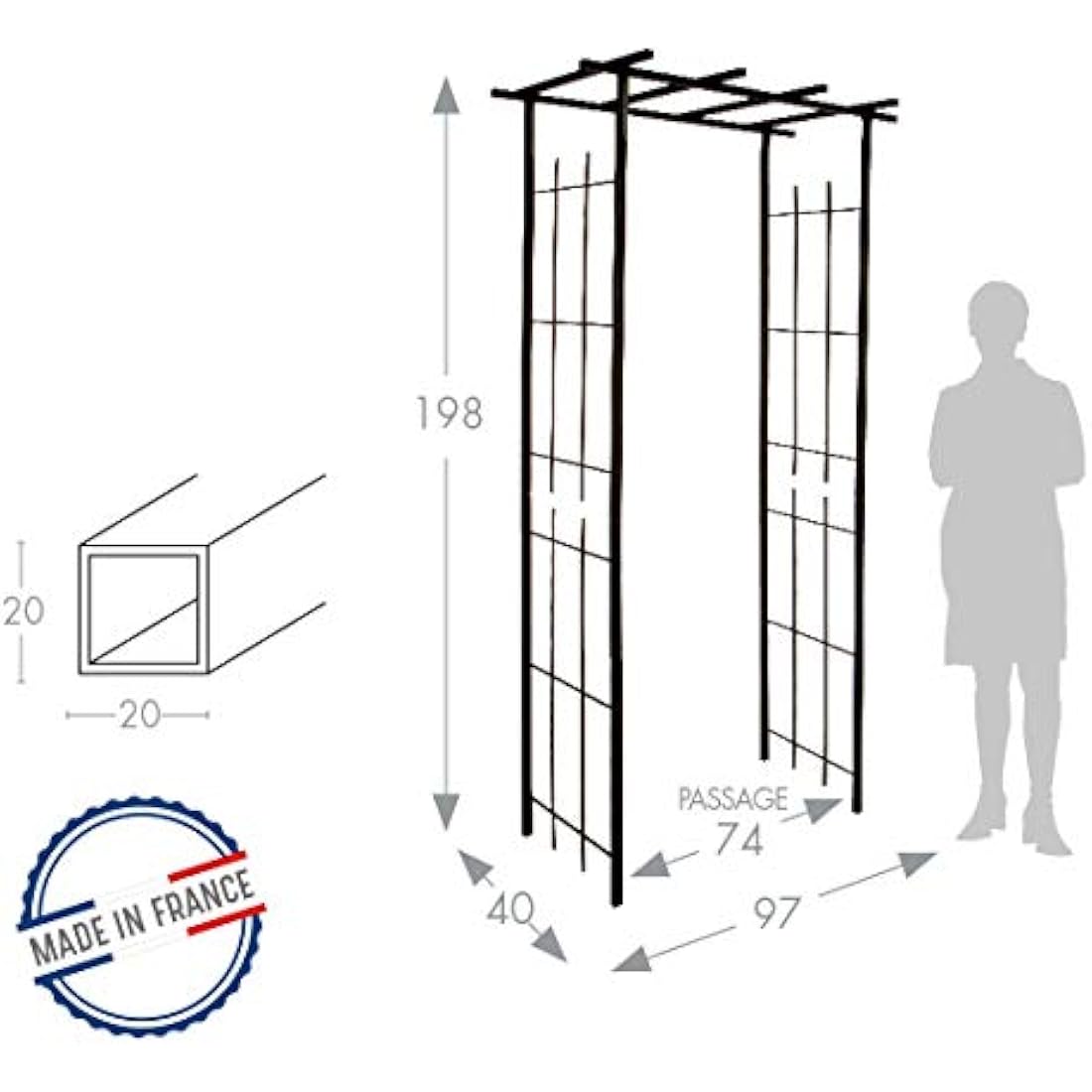 Louis Moulin 3046 Narrow Square Tube Pergola for Climbing Plants Aged Iron 97 x 40 x 198 cm
