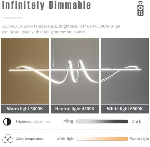Mikeru 120cm Spiral Pendant Lighting, Chrome Kitchen Ialand Lights 3000K/4500K/6500K Dimmable 10% to 100% Hanging Modern LED Dining Lamp Ceiling with Memory Function for Living Room