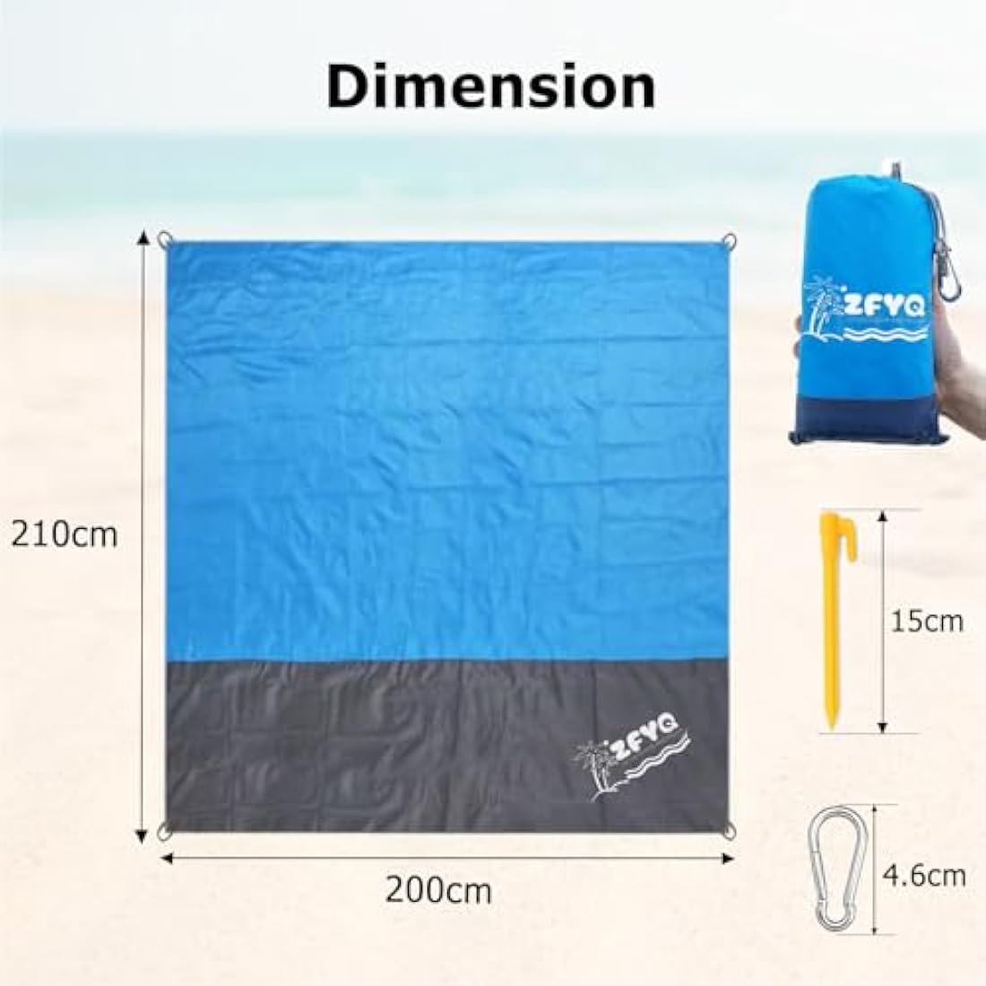 ZFYQ Beach Blanket, 200 x 210 cm Picnic Blanket with 4 Fixed Stake for Beach Camping Picnic and Other Outdoor Activity