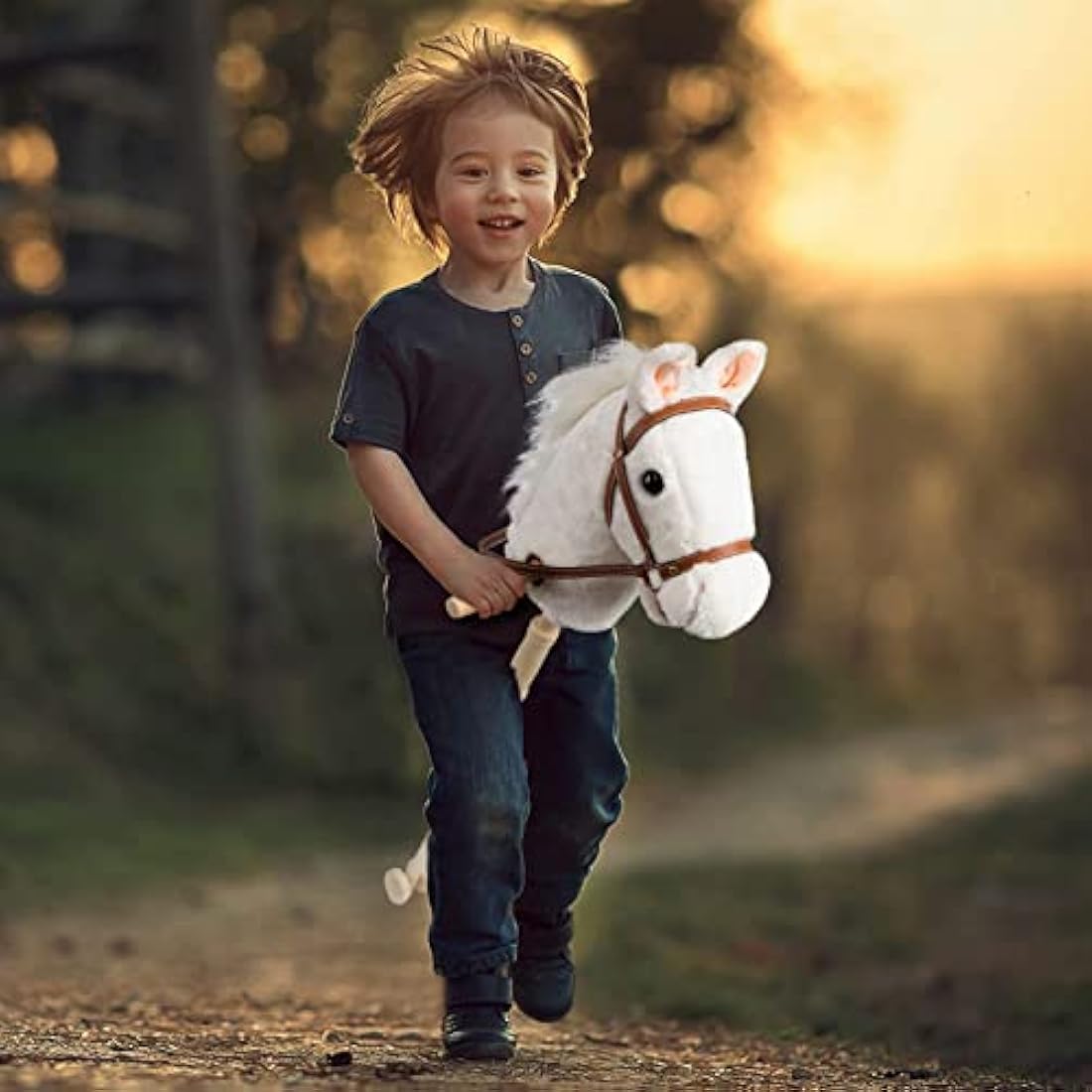 BEJOY Stick Horse with Wood Wheels, Hobby Horse Toy, Real Pony Neighing and Galloping Sounds Plush Toy White 36 Inches(AA Batteries Required)