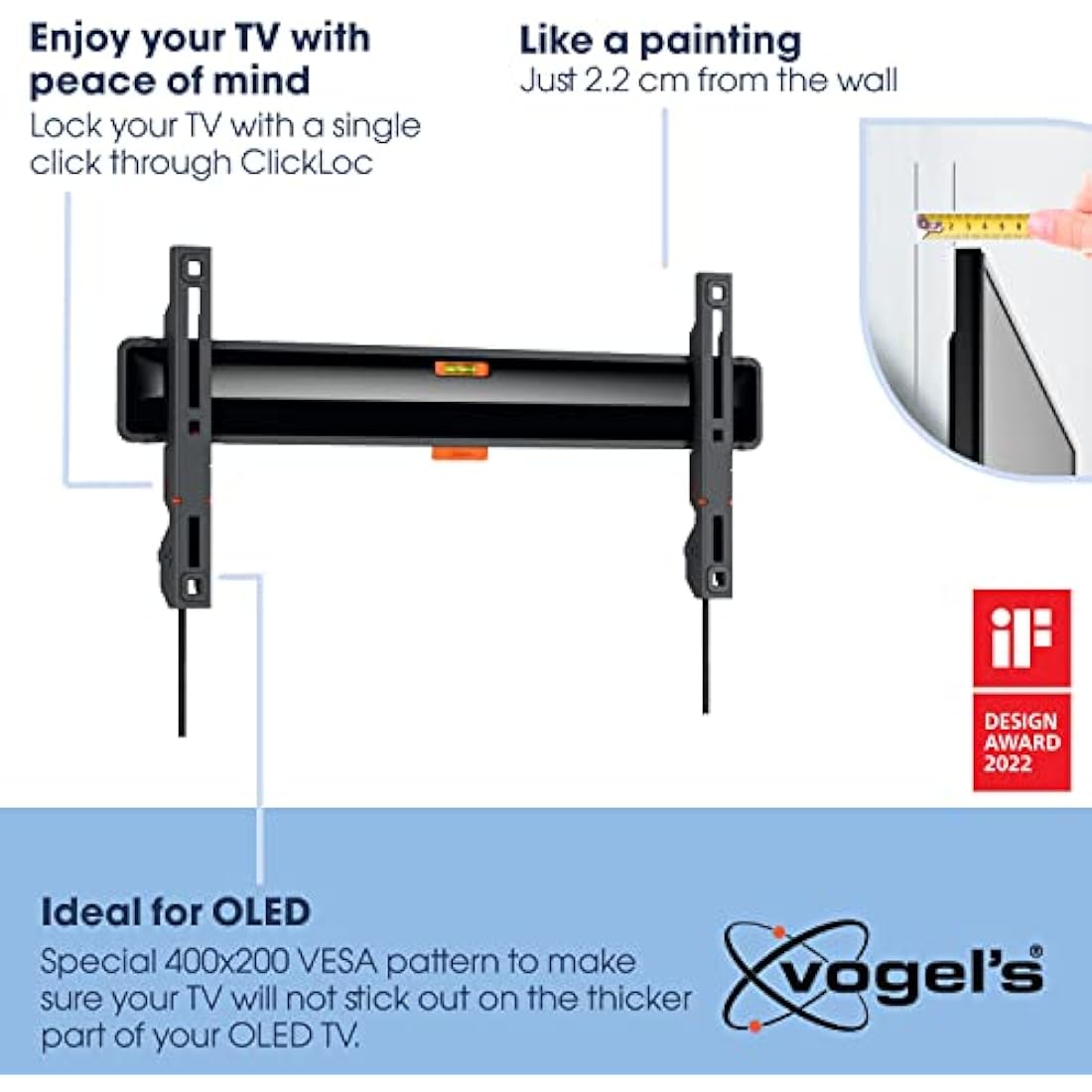Vogel's TVM 3405SP flat OLED TV wall mount for 32-77 inch televisions, Maximum 50 kg, Maximum VESA 400x200 like the LG OLED B and C series, Distance from wall only 2.2 cm