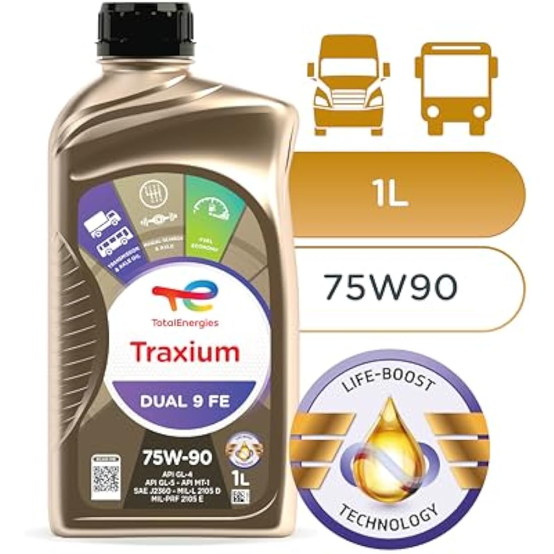 TotalEnergies TRAXIUM DUAL 9 FE Synthetic 75W90 Transmission Oil API GL-4/5, MT-1, SAE J2360-1 Liter