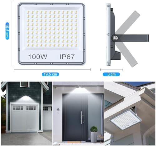 YIQIBRO 100W LED Floodlight Outdoor 2 Pack, IP67 Waterproof Outside Security Lights, 10000LM 7000K Cool White LED Floods Light Outdoor Spotlight for Garden, Garage, Warehouse, Workshop, Factory