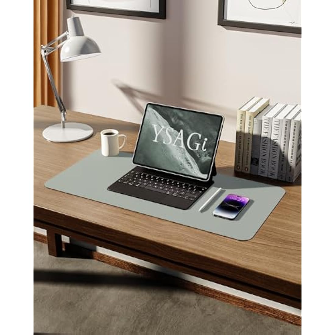 YSAGi Leather Desk Mat, Large Mouse Mat, Non-Slip Desk Pad, Waterproof PU Leather Table Protector Writing Pad for Office and Home (60 x 35 cm, Grayish Green)