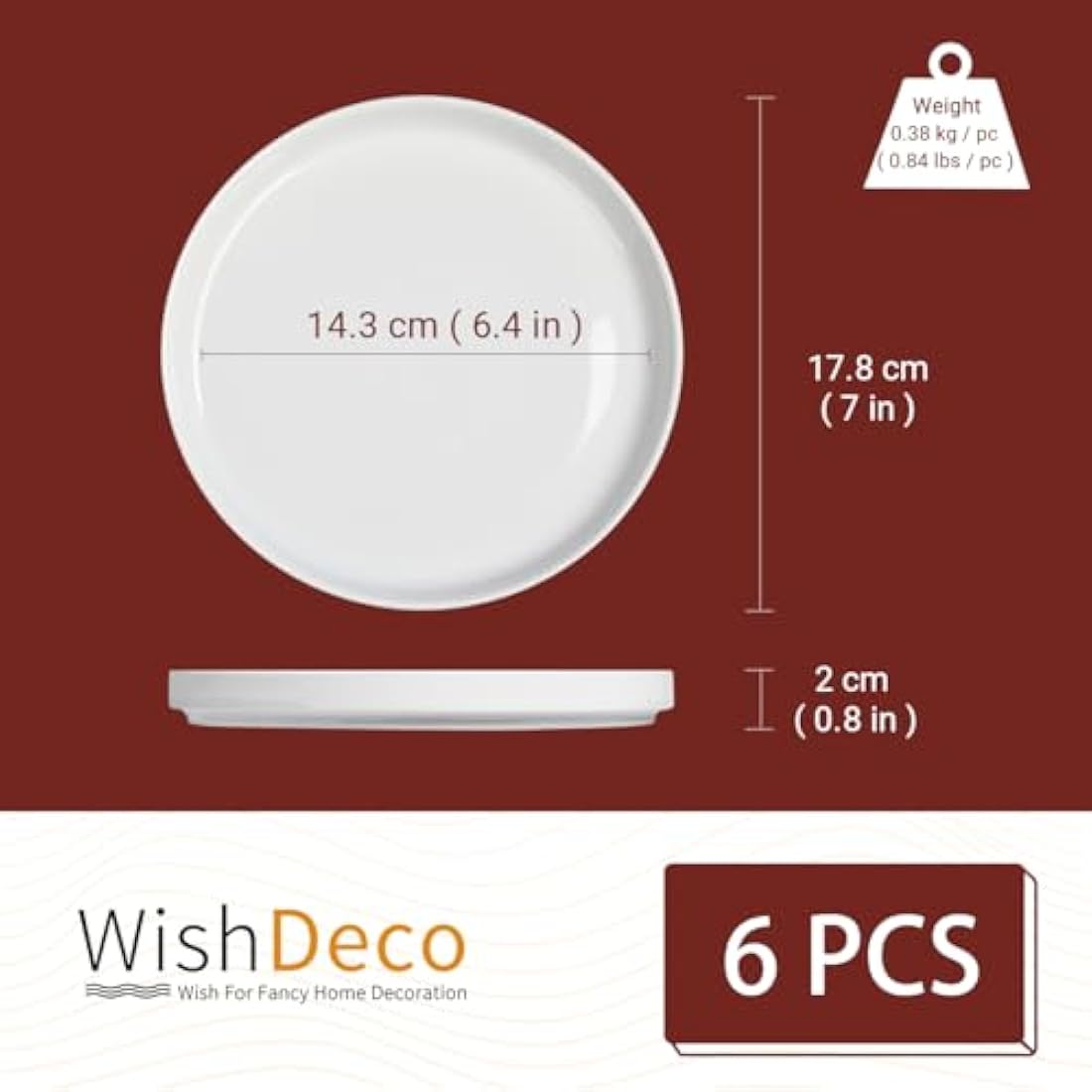 WishDeco Side Plates Set of 6, White Dessert Plates 18cm / 7 inch, Small Dinner Plate, Ceramic Serving Dishes for Cake, Salad, Tapas, Starter, Stackable