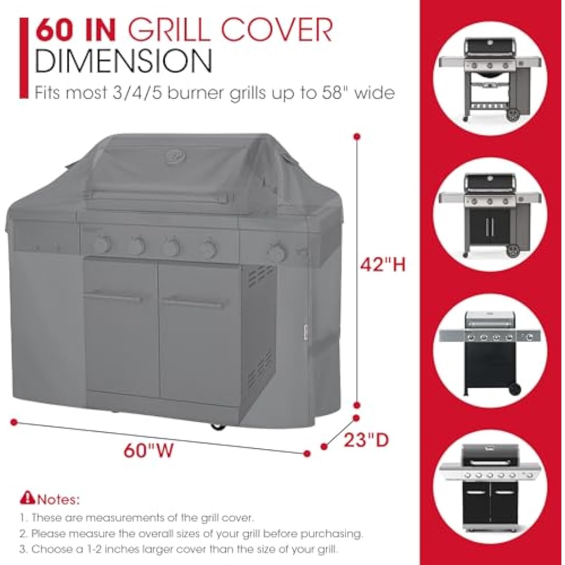 Unicook BBQ Cover, Heavy Duty Waterproof Outdoor Barbecue Gas Grill Cover, Resistant Oxford Fabric, Compatible for Weber Char-Broil Outback Barbecues and More, 152 x 58 x 107 cm/60 inch Length, Grey