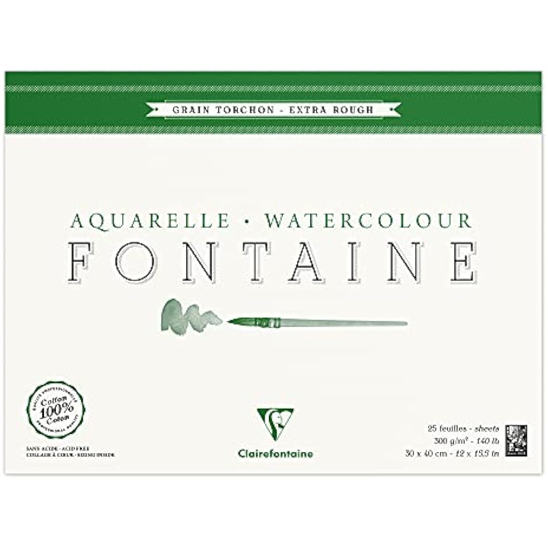 Clairefontaine - Ref 96430C - Fontaine Extra Rough Watercolour Glued Pad (25 Sheets) - 30 x 40cm Size, 300gsm Paper - Suitable for Watercolour Artwork