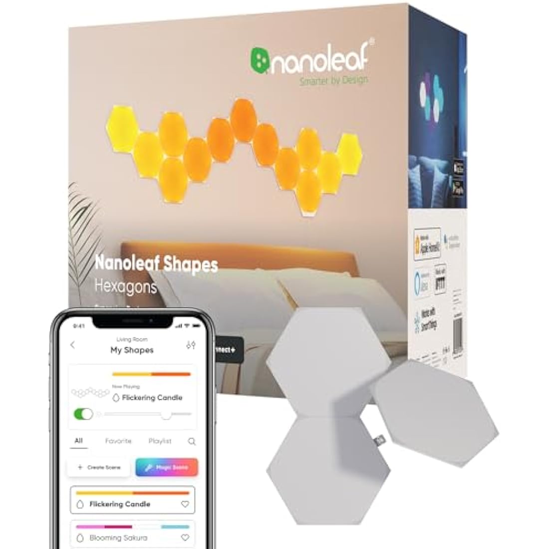 Nanoleaf Shapes Hexagon Expansion Pack, 3 LED Smart Light Panels - Dimmable & Modular Wi-Fi Wall Mood Lights, Works with Alexa Google Assistant Apple Homekit, for House Room Decor or Desk