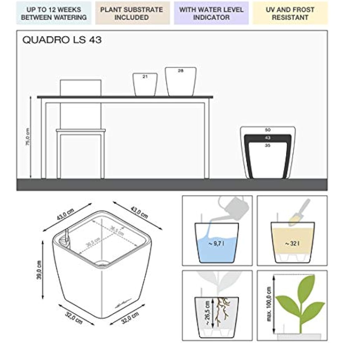 Lechuza Self Watering Plant Pot QUADRO LS 43 Garden Flower Indoor and Outdoor Plastic Planter with Drainage Hole H40 L43 W43 cm Charcoal Metallic