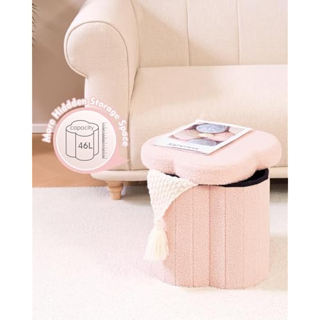 Bonlife Pink Ottoman Storage Box,Folding Storage Seat Box,Small Footstool For Living Room,Kid's Toy Chest Box,Teddy Flower Shape,38x38x38cm