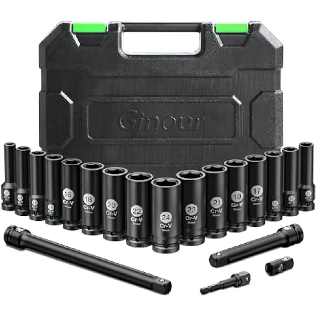 Ginour 20PCs Impact Socket Set 1/2 Inch, CR-V Drive Master Deep Impact Socket Set 8mm - 24mm, Metric, 6 Point, with 3pcs Drive Impact Extension Bar Set 3", 5",10"