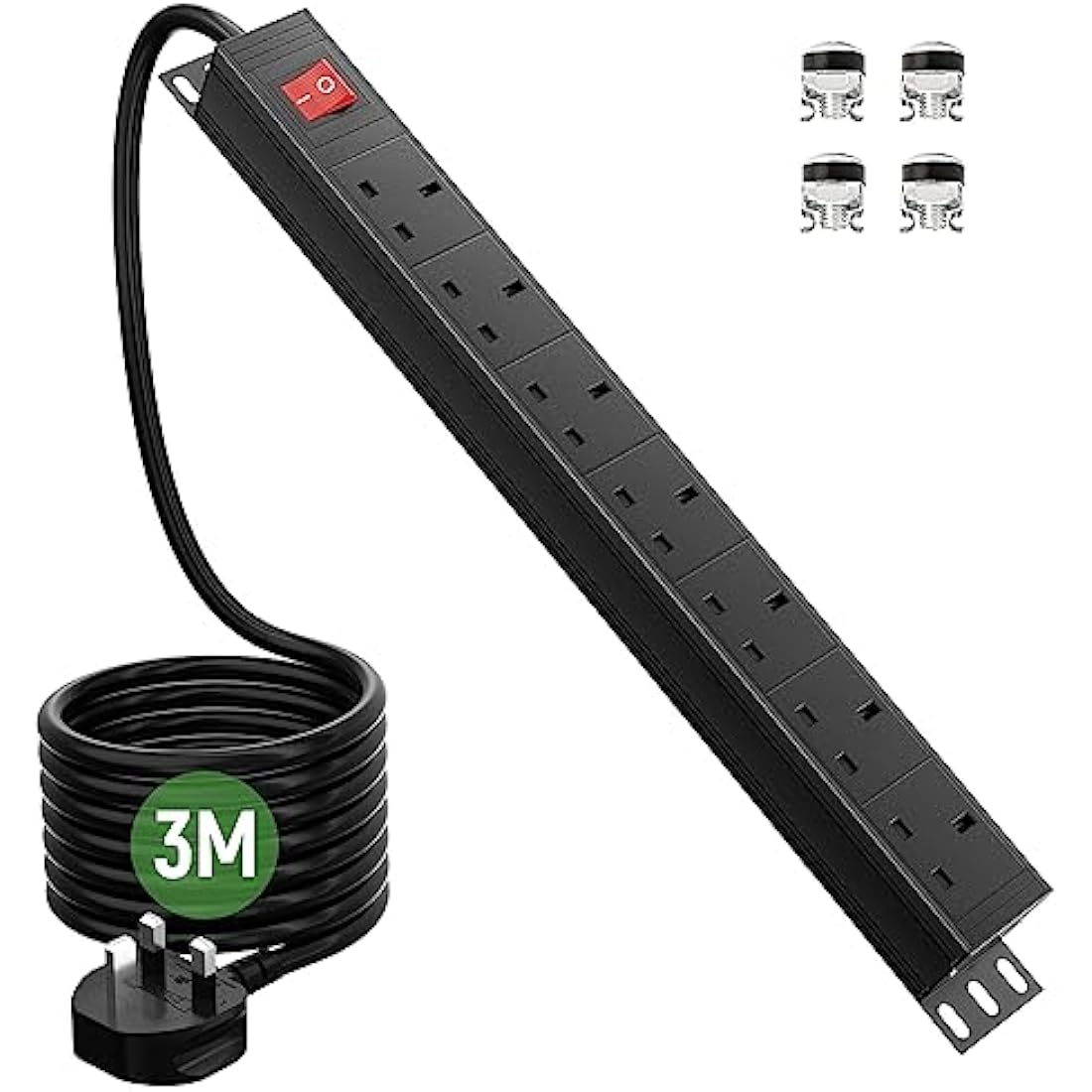Surge Protected Extension Lead 3M, HANNELORE 7 Way Power Strip with Switch, Power Distribution Unit PDU Rack Mount Power Strip, 13Amp Multi Plug Extension Sockets for Home, Office and Industrial Use