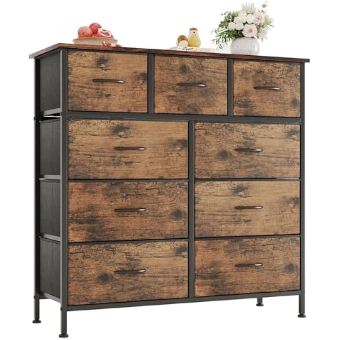 CAIYUN Chest of Drawers,Dresser for Bedroom with 9 Drawers,Fabric Dresser with Wood Top and Large Storage Space, Easy to Assemble, for Bedroom, Living room, Rustic Brown