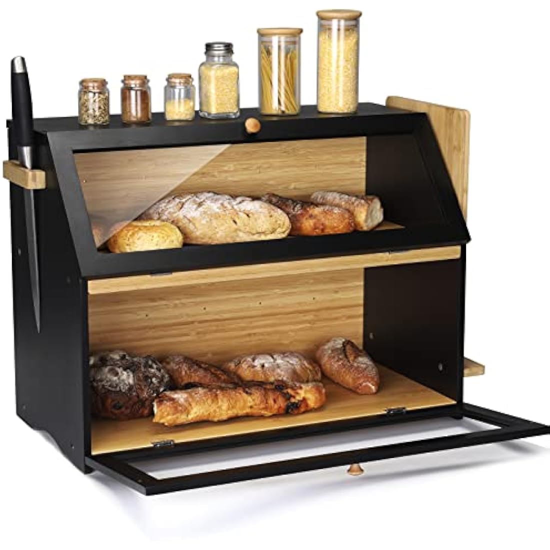 Leader Accessories Double Decker Bamboo Bread Bin 2-Layer Bread Box Large Capacity Bread Storage for Kitchen 19.7"x9.8"x14.5" Black