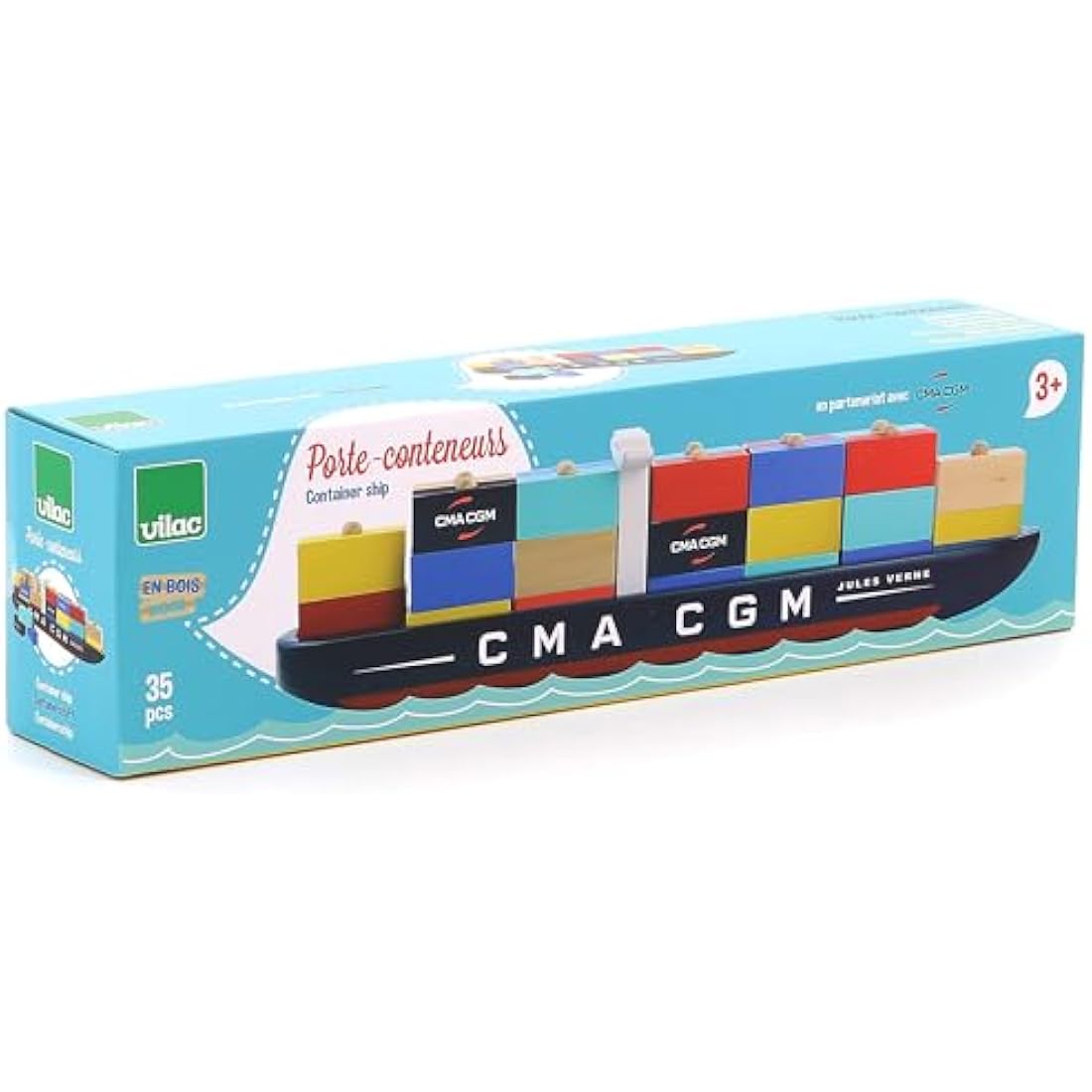 Vilac Wooden Jules Verne Container Ship, Traditional Stacking Container Ship, Imaginative Play, 40 x 10 x 6.5 cm, for 3 Years+