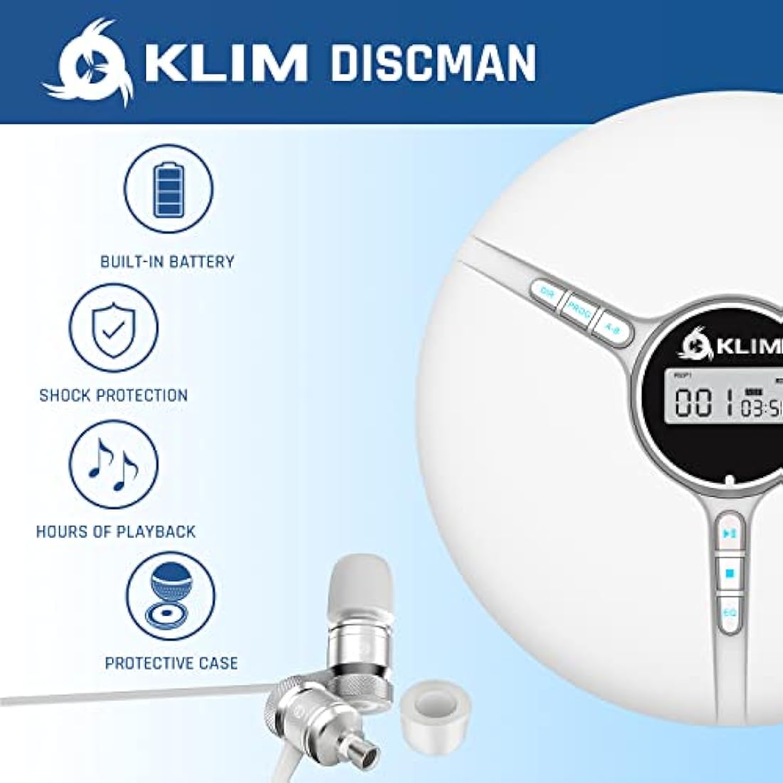 KLIM Discman Portable CD Player with Headphones, Built-in Battery - New - CD Players for Home, Car - Compatible w/SD Card, CD, CD-R, CD-RW, MP3, WMA - 5 EQ Effects - Walkman CD Player - White