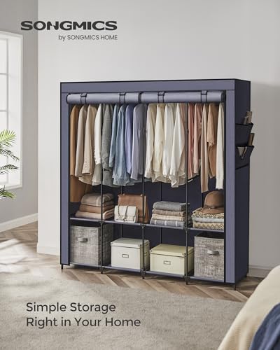 SONGMICS Clothes Wardrobe, Portable Closet, Garment Organiser Rack with 4 Hanging Rails, Shelves, 4 Side Pockets, 45 x 170 x 167 cm, Large Capacity,