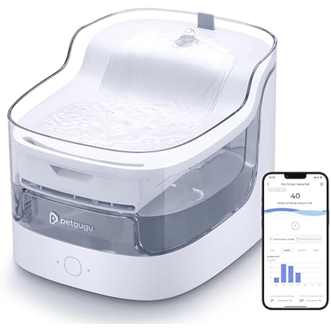 PETGUGU Cat Water Fountain for Drinking, 2L Cat Fountain, Smart App Control Water Fountain, Automatic Water Dispenser for Pet Cats Dogs（2.4G WiFi PF1)
