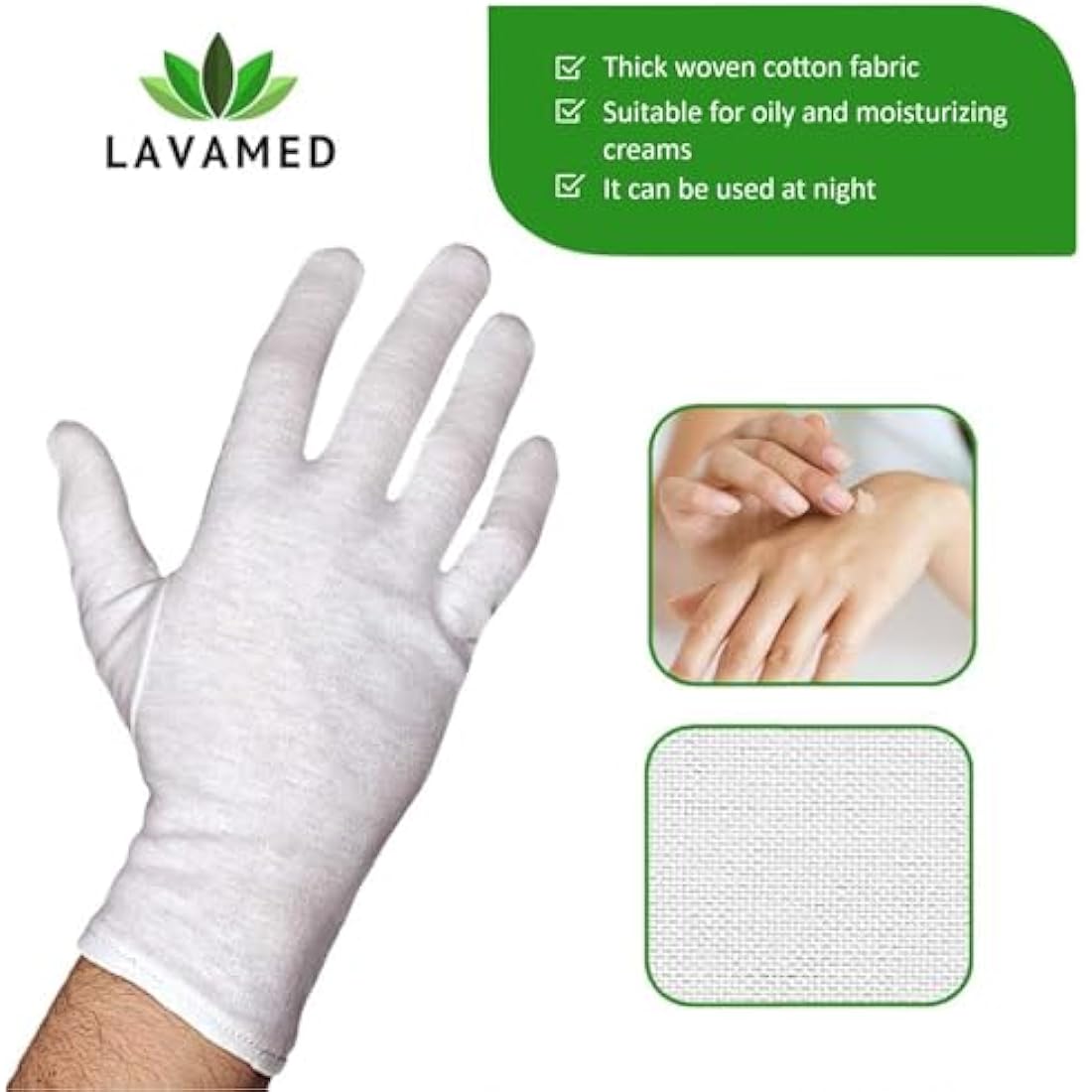 LAVAMED Cotton Gloves Made of 100% Cotton (Dermatest: Very Good) White Gloves, Soft Textile Gloves for Hand Masks, Washable Fabric Gloves with Certified Skin Compatibility