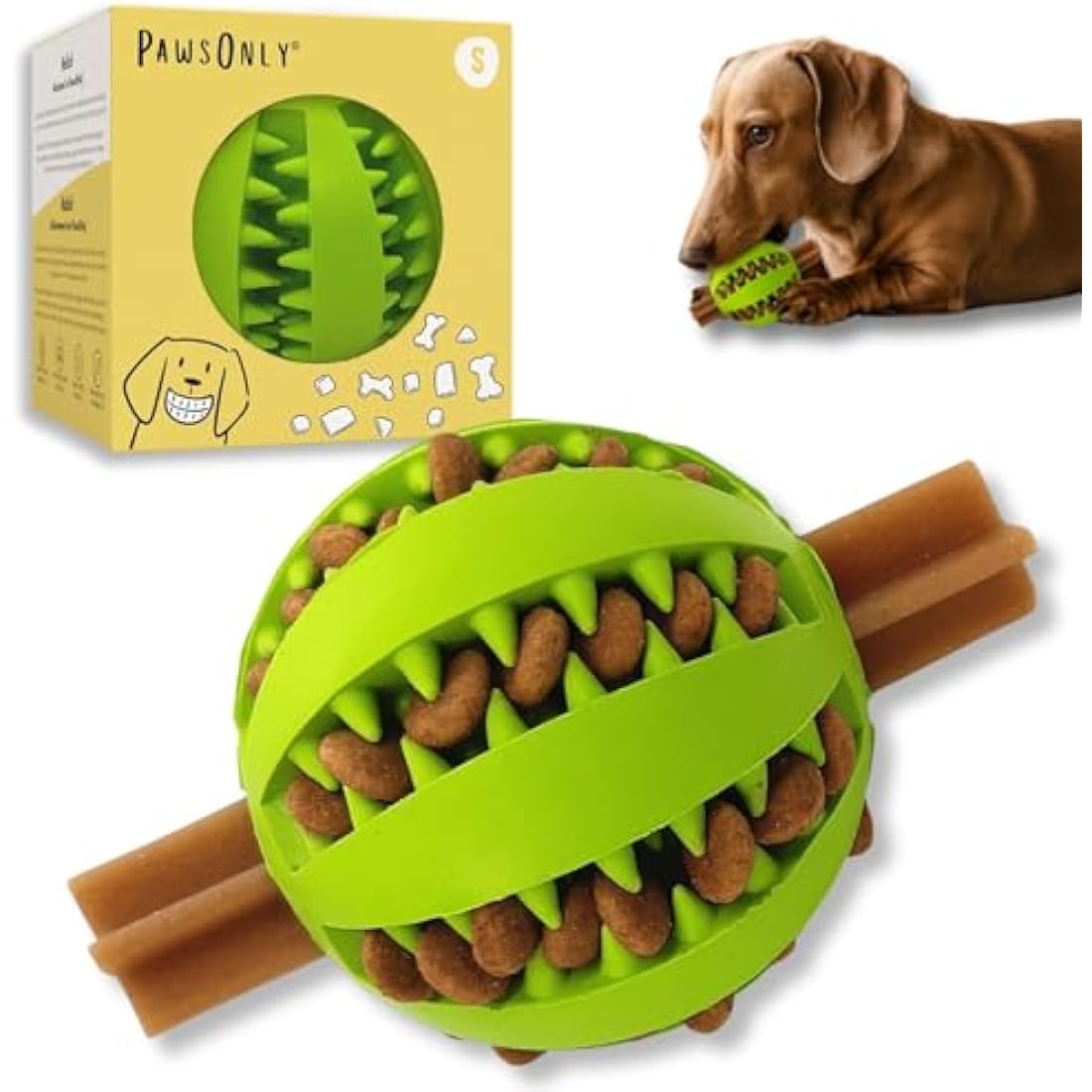 PawsOnly | Dog Treat Ball Dispenser | Interactive Toy for Boredom | Enrichment & Mental Stimulation | Safe Rubber Feeder | Puppy Challenging Activity (Small 6cm/2.35in, GREEN, 1 Pack)