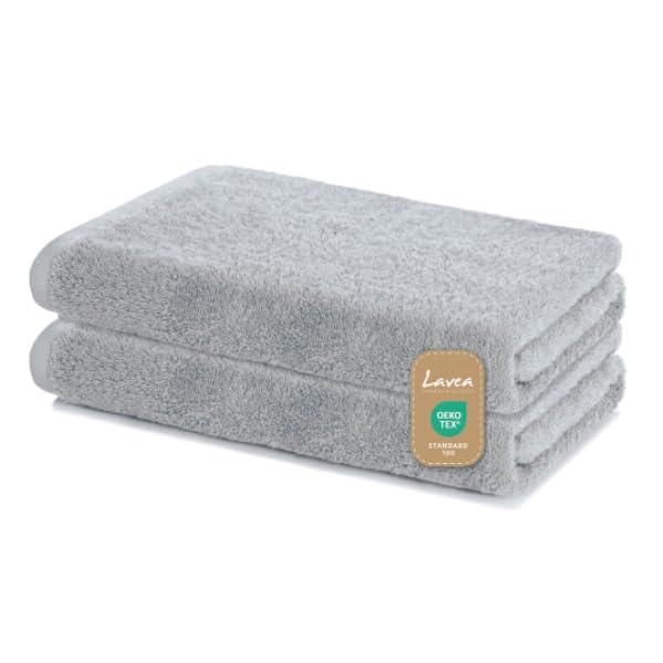 Lavea Bath Towels Set of 2, 60 x 120 cm, Soft & Absorbent 100% Cotton Towels, Silver, Oeko-Tex 100 Certified, with Hanging Loops, Washable at 60
