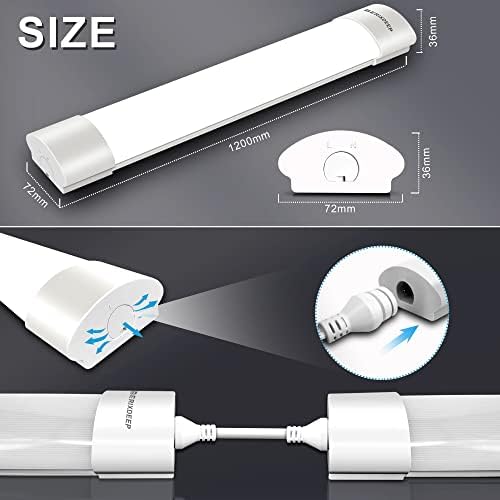 BERIXDEEP LED Batten Light 6500K Daylight, Linkable LED Fluorescent Strip Fitting for Garage, Workshop, Office, Wall, Kitchen, Shed, IP65 Waterproof Plug in Ceiling Light Strip, 4FT, 120cm, 36W