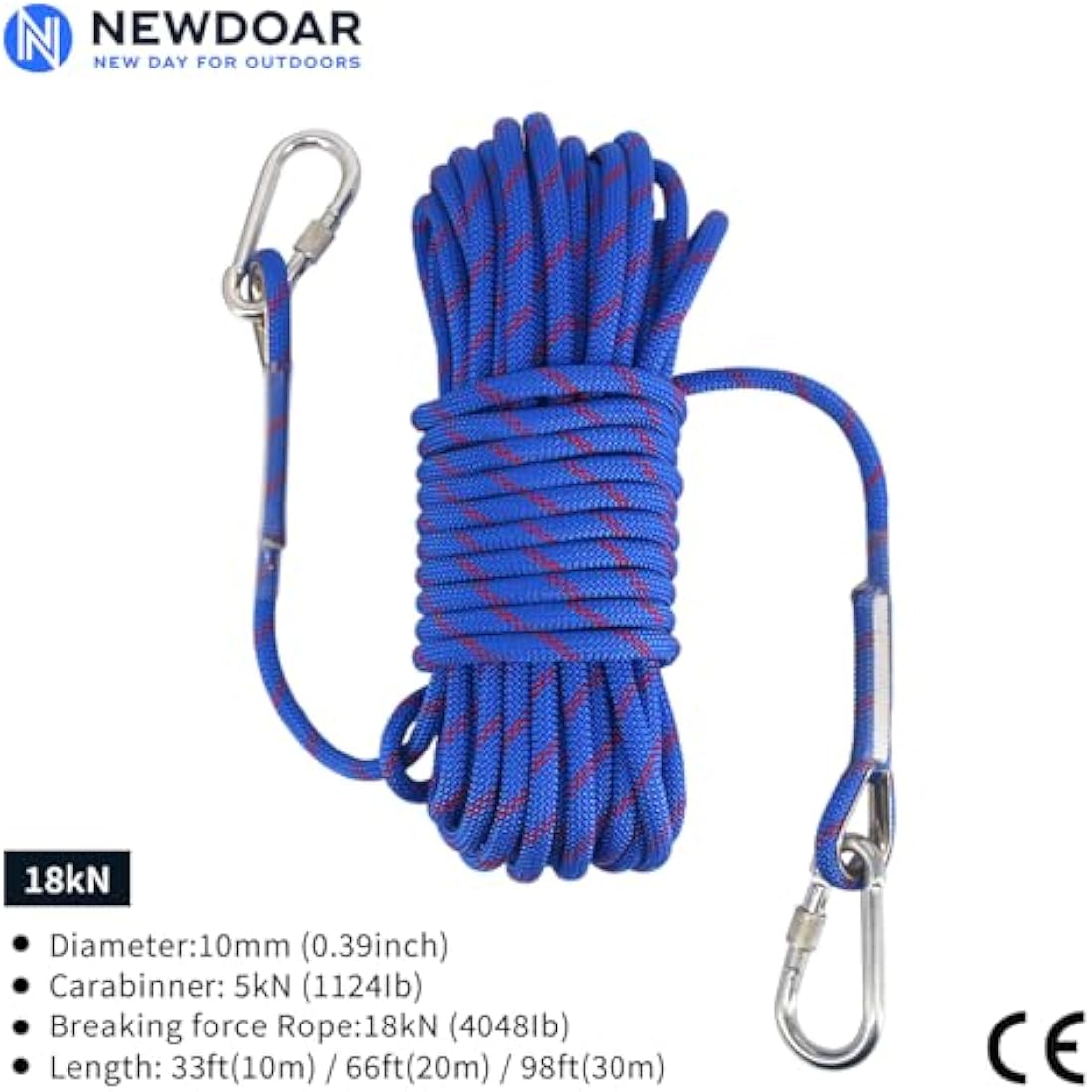 NewDoar 18KN Static Climbing Rope 10mm Accessory Cord Equipment 33FT(10M) 66FT(20M) 98FT(30M) 165FT(50M) Escape Rope with 2 Carabiners for Ice Climbing Fire Rescue Rope Safety Rope