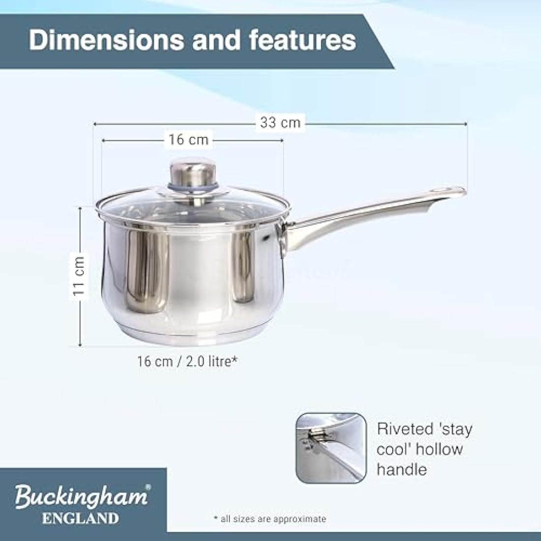 Buckingham Deep Saucepan with Tempered Glass Lid Premium Stainless Steel Cooking Pot Suitable all Heat Source Including Induction 16 Cm 2 Litres by Buckingham