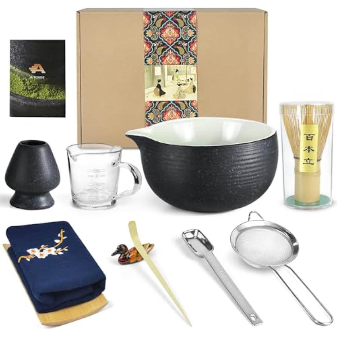 Artcome Bluestone Glaze Matcha Kit - Bowl with Pouring Spout, Whisk, Tea Scoop, Powder Strainer, Set for Usucha, Koicha and Latte (10 PCS)