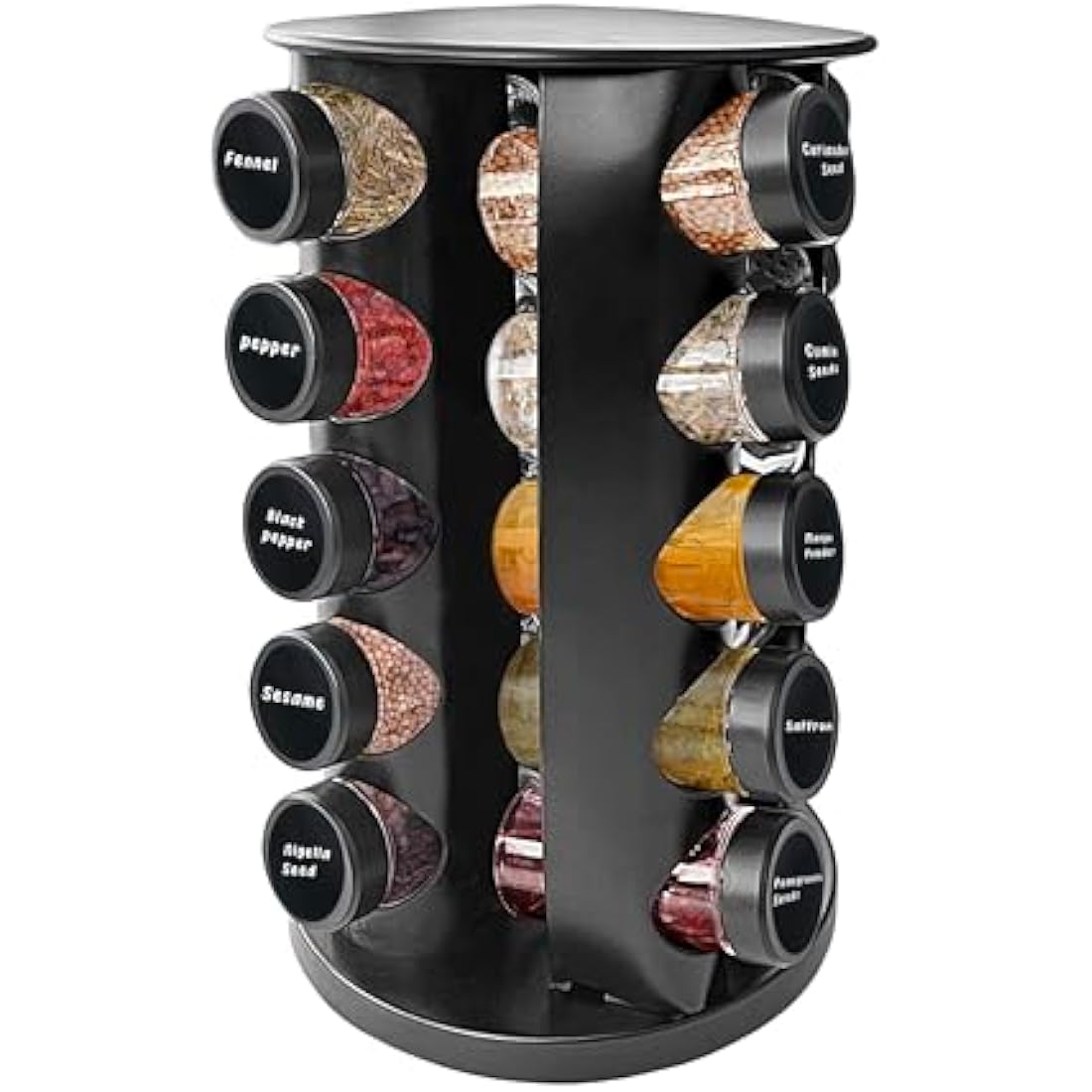 Wize Products - Black Countertop Rotating Spice Rack, 20 Empty-Jars Revolving Organiser 360°, Free Standing Round Carousel Tower, Spice Labels with Funnel for Kitchen Countertop