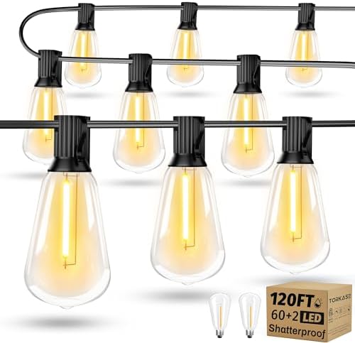 Torkase Outdoor String Lights Mains Powered,120FT/36M Garden Festoon Lights with 60+2 Shatterproof ST38 Plastic LED Edison Bulbs Waterproof for Outside Patio Pergola Gazebo Décor Wedding Cafe
