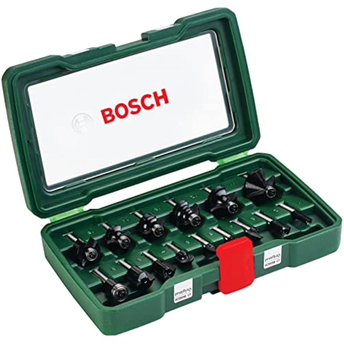 Bosch 2607019468 15-Piece Carbide Router Bit Set (for Wood, 1/4-Inch Shank, Accessories for Routers), Silver/Black