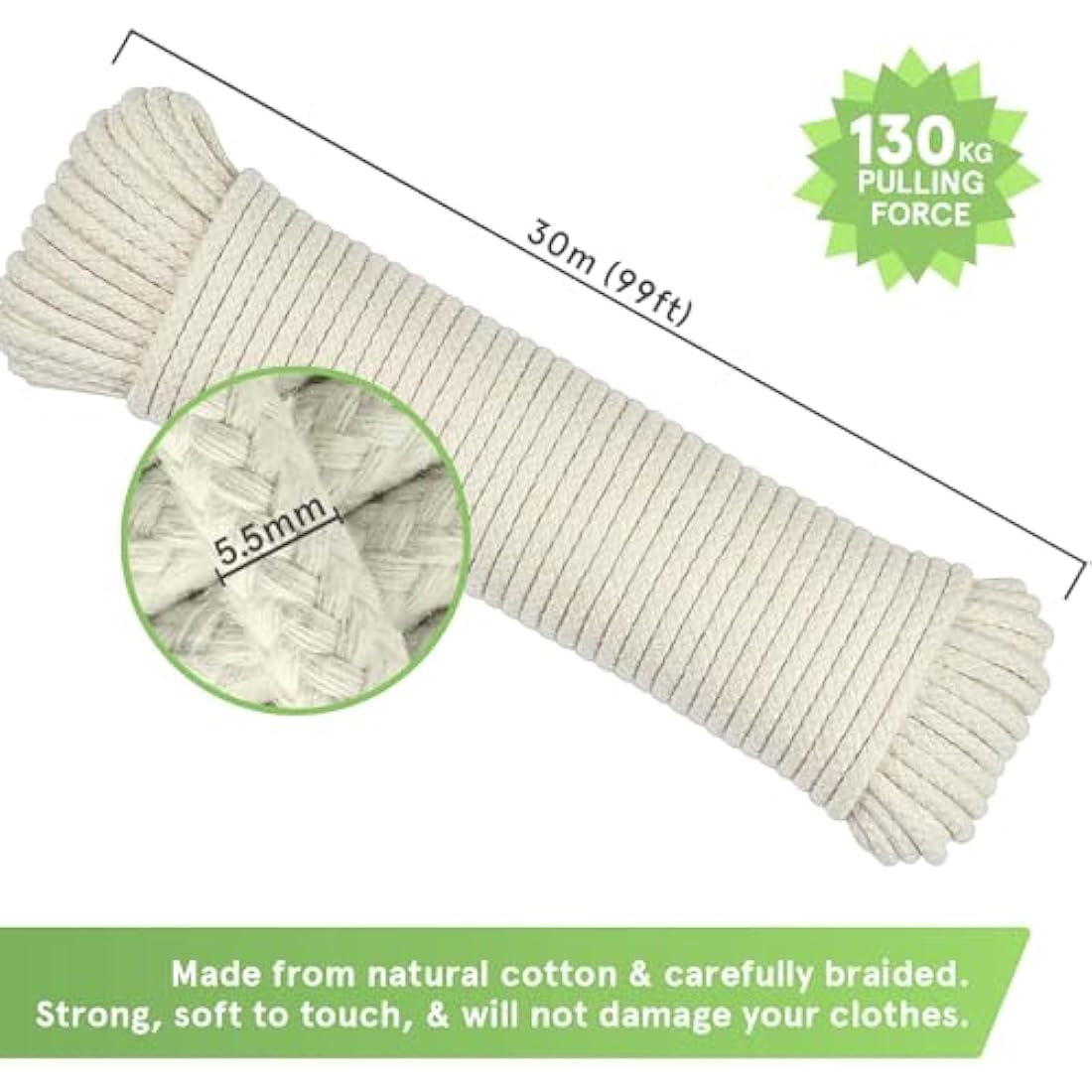 “The Strongest” Natural Cotton Clothesline Pulley by Smith’s® | 30m/99ft X 5.5mm | Soft Braided 130kgs Pulling Force Rope | Snag & Tear Resistant | 1 Year Guarantee!