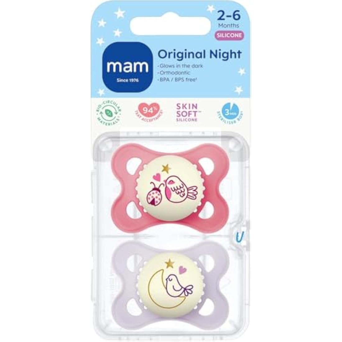 MAM Original Night Soothers | 0-6 Months | 2 Pack | Glow in The Dark | Comes in Dummy Steriliser Case | Sustainable Materials | Baby Accessories | Pink (Various Designs)
