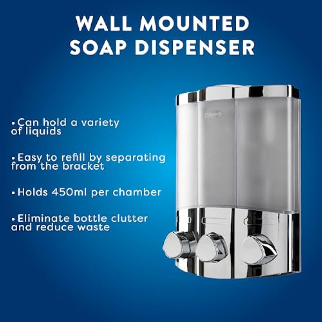 Croydex Wall Mounted Soap Dispenser - Eliminates Shower Clutter, Easy to Refill and Has a Pre-Measured Pump for Your Shower Gel, Shampoo and Conditioner, Mount On Corner or Flat Wall (Chrome, 3x450ml)