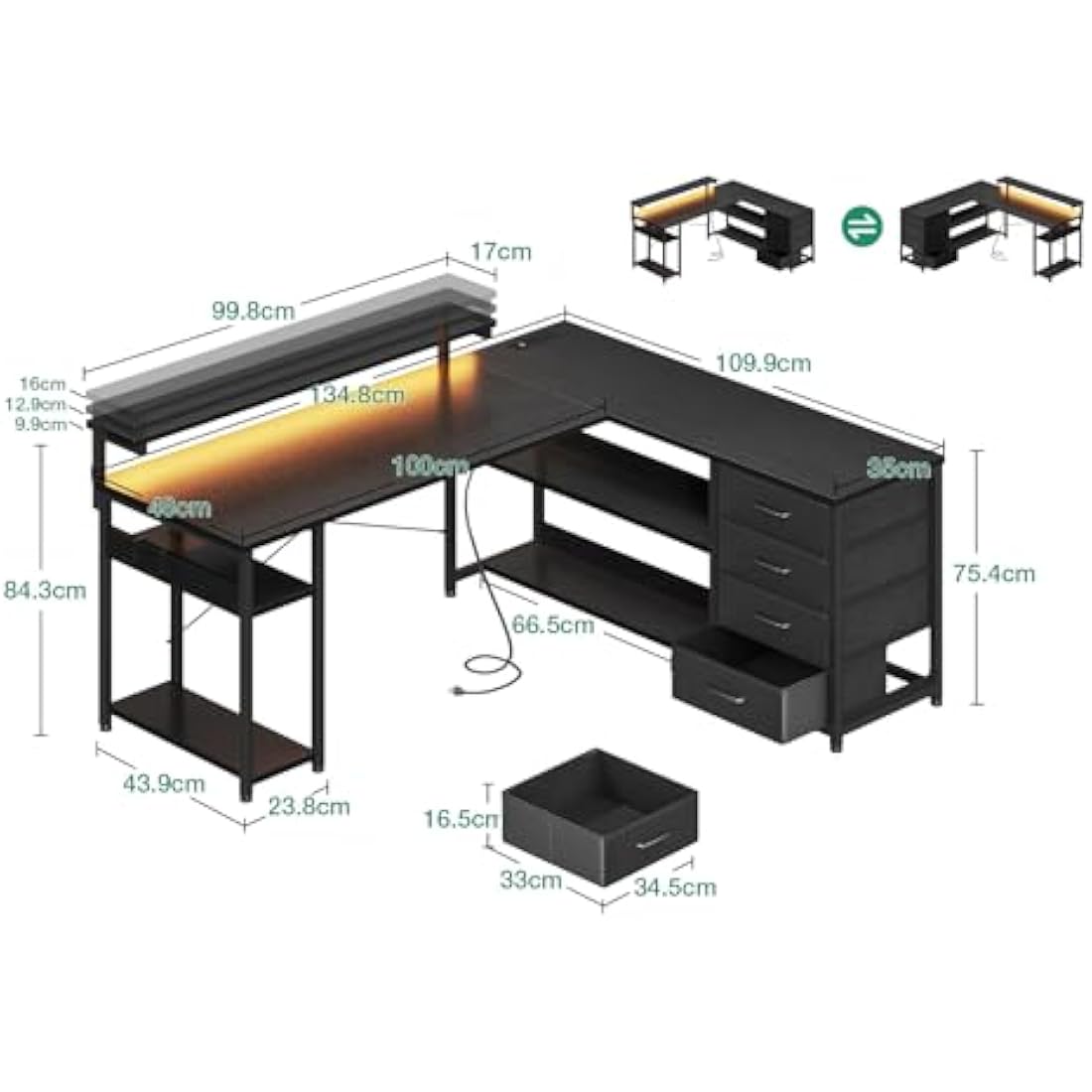 ODK Corner Desk with Drawers, L Shaped Gaming Desk with LED Lights & Power Outlets, Reversible Computer Desk for Home Office Workstation, Office Desks with Monitor Shelf, 135×110 cm, Black