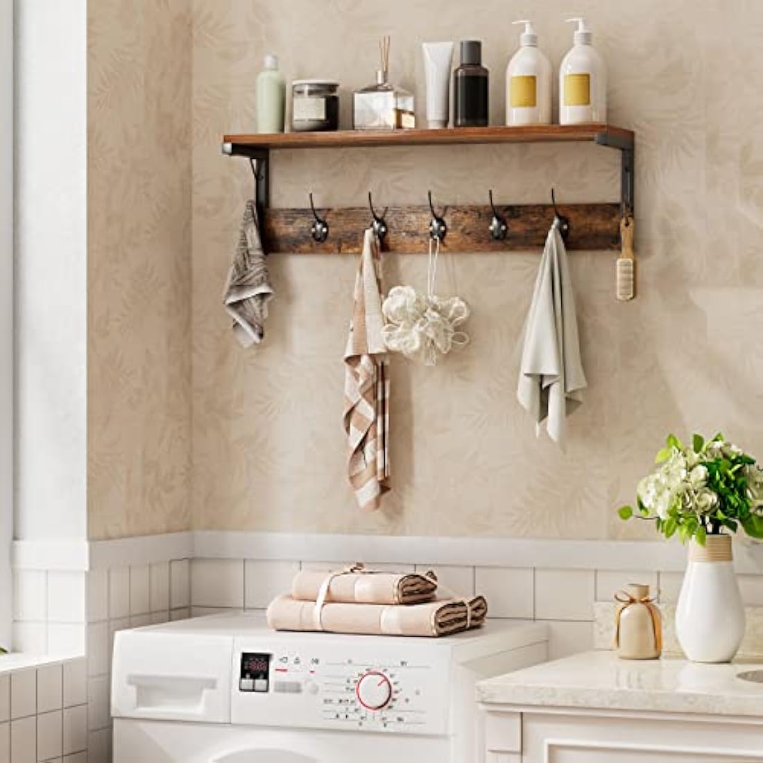 HOOBRO Coat Rack Shelf Wall-Mounted, Coat Hook with 7 Hooks and Shelf, 70 cm Hallway Coat Rack, Wall Floating Shelf with Hat Rack, for Bathroom, Kitchen, Laundry Room, Rustic Brown EBF16YM01