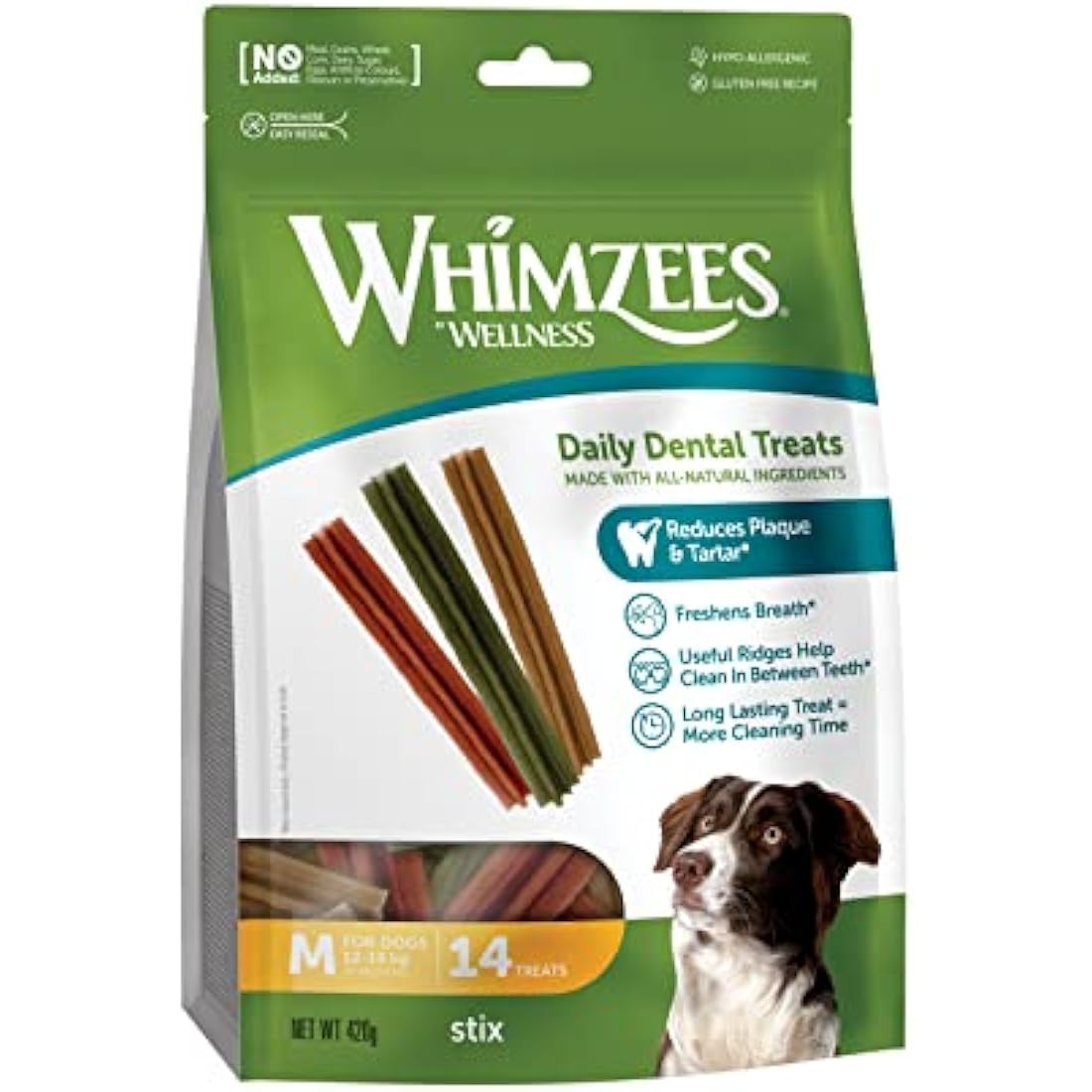 WHIMZEES By Wellness Stix, Dog Dental Sticks, 14 Pieces, Size M, Dog Chews for Medium Breeds, Natural, Grain-Free, Rawhide-Free, Vegetarian, No Added Sugar