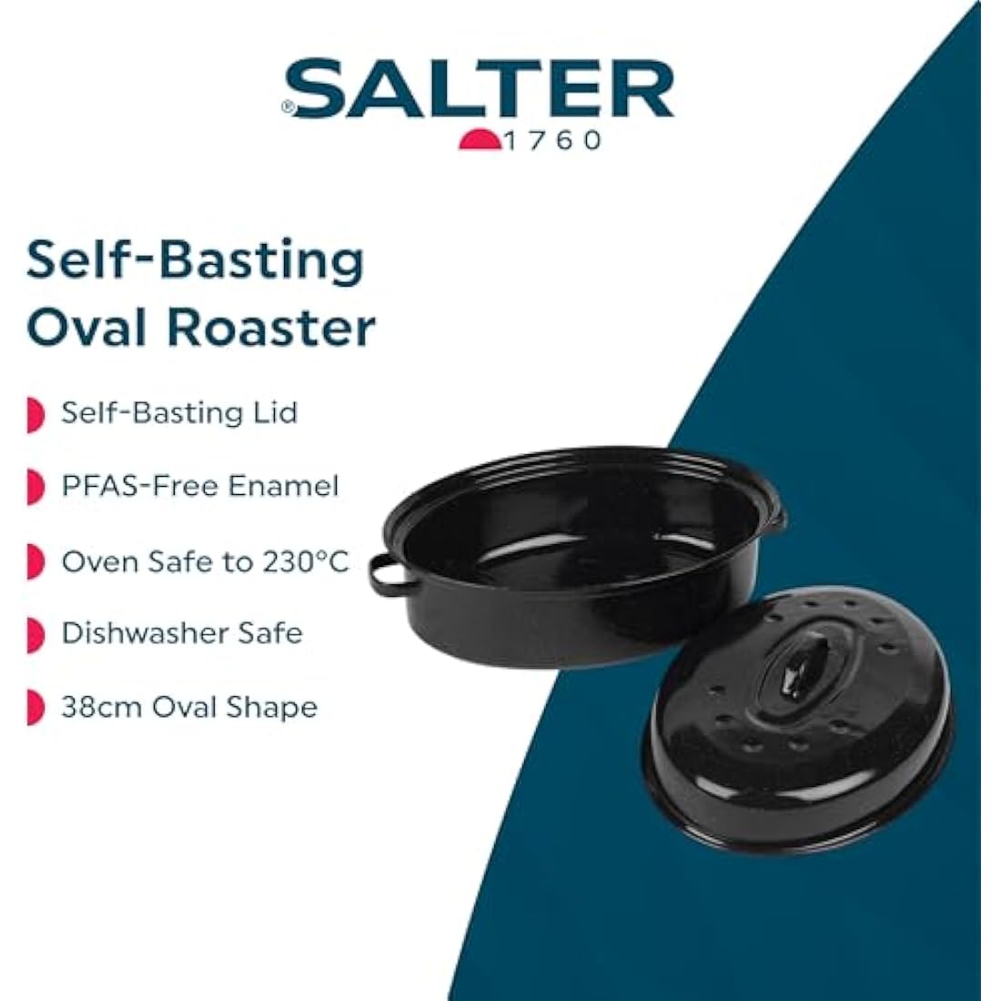 Salter BW12811EU7 Self-Basting Roaster – 38cm Vitreous Enamel Coated Steel Roasting Tin With Lid, Oval Dish, PFAS-Free, Dishwasher Safe, Oven Safe to 230°C, Easy Clean, Roast Meat/Vegetables, Black