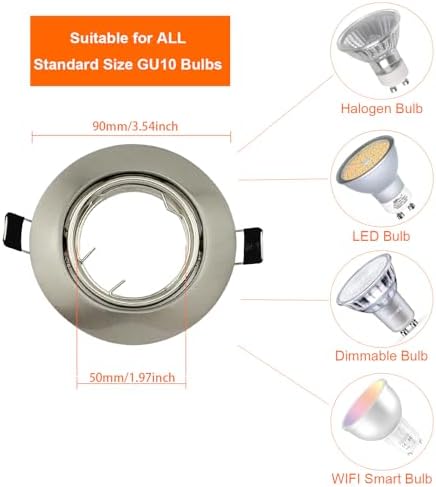 HiBay 10x Modern GU10 LED Downlights for Ceilings Tilt Recessed Ceiling Lights Round Brushed Chrome Spotlights Fitting 240V - Outer Diameter:90 mm,Cut-Out Hole Size:68-80 mm