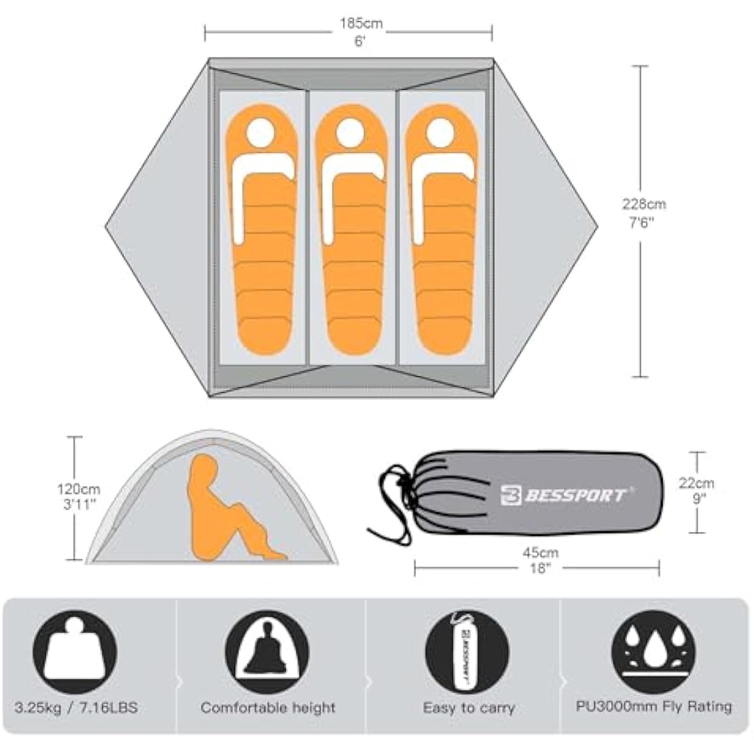 Bessport Tents for Camping - 2 and 3 Person Backpacking Tent, Easy Setup 3-4 Season Lightweight Tent - Waterproof and Windproof, Two Doors, Large Tent Anti-UV for Family, Outdoor, Hiking