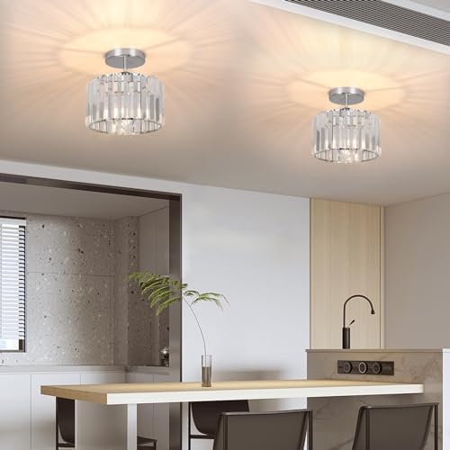 ZYDTRIP Crystal Ceiling Light Fixture Semi Flush Mount Ceiling Lamp Modern Silver Crystal Chandelier for Living Room Hallway Dining Room Kitchen