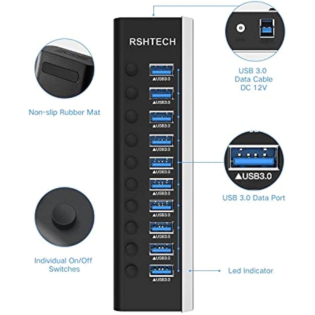 RSHTECH Powered USB 3.0 Hub Aluminum 10 Port USB 3.0 Data Hub with 12V/3A (36W) Power Adapter and Individual On/Off Switches & LED (RSH-A10)